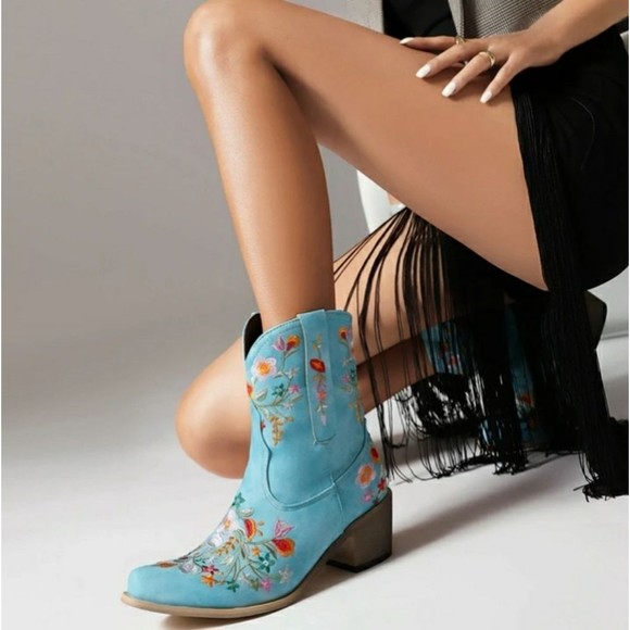 Balajoy 7.5 Blue Cowgirl Embroidery Ankle Boots Floral Western Boho Slipon Comfy - Picture 3 of 16